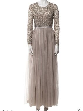 Needle & Thread Taupe Embellished Long Tulle Gown